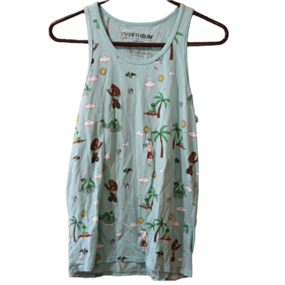 Fifth Sun Blue Green Tank Top Weird Unique Print Small